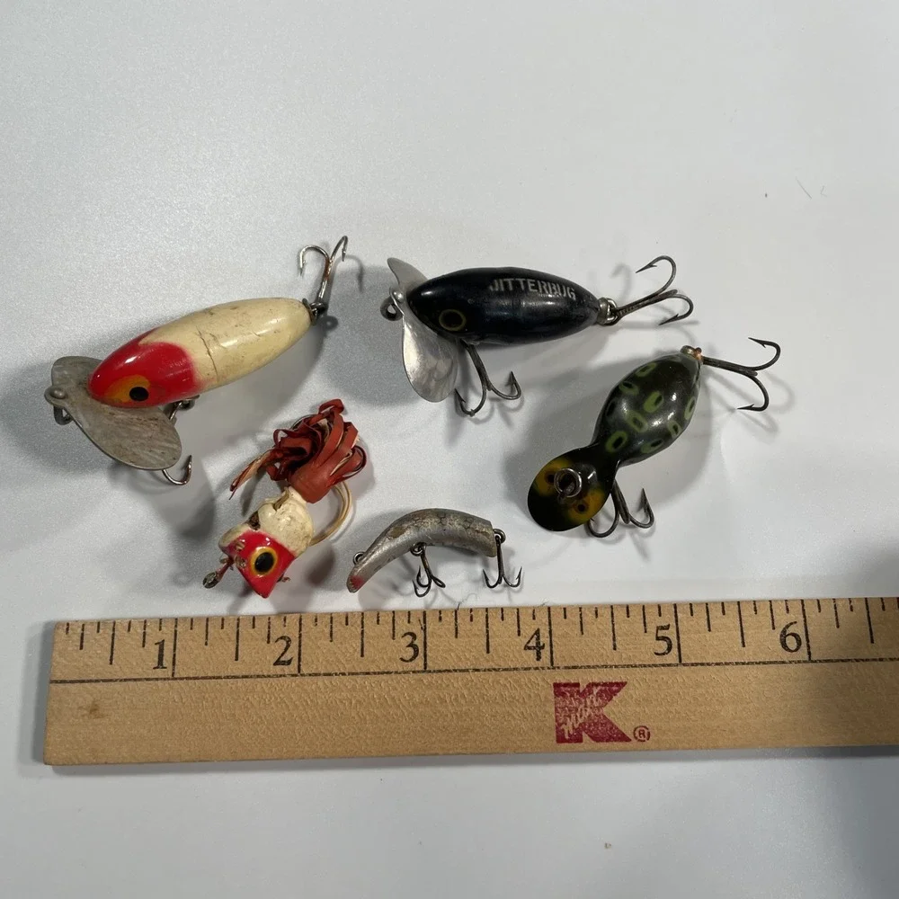 Vintage Lure Lot Heddon Tiny Tad Lure Jitterbug Tackle Hooks Fishing Old Antique